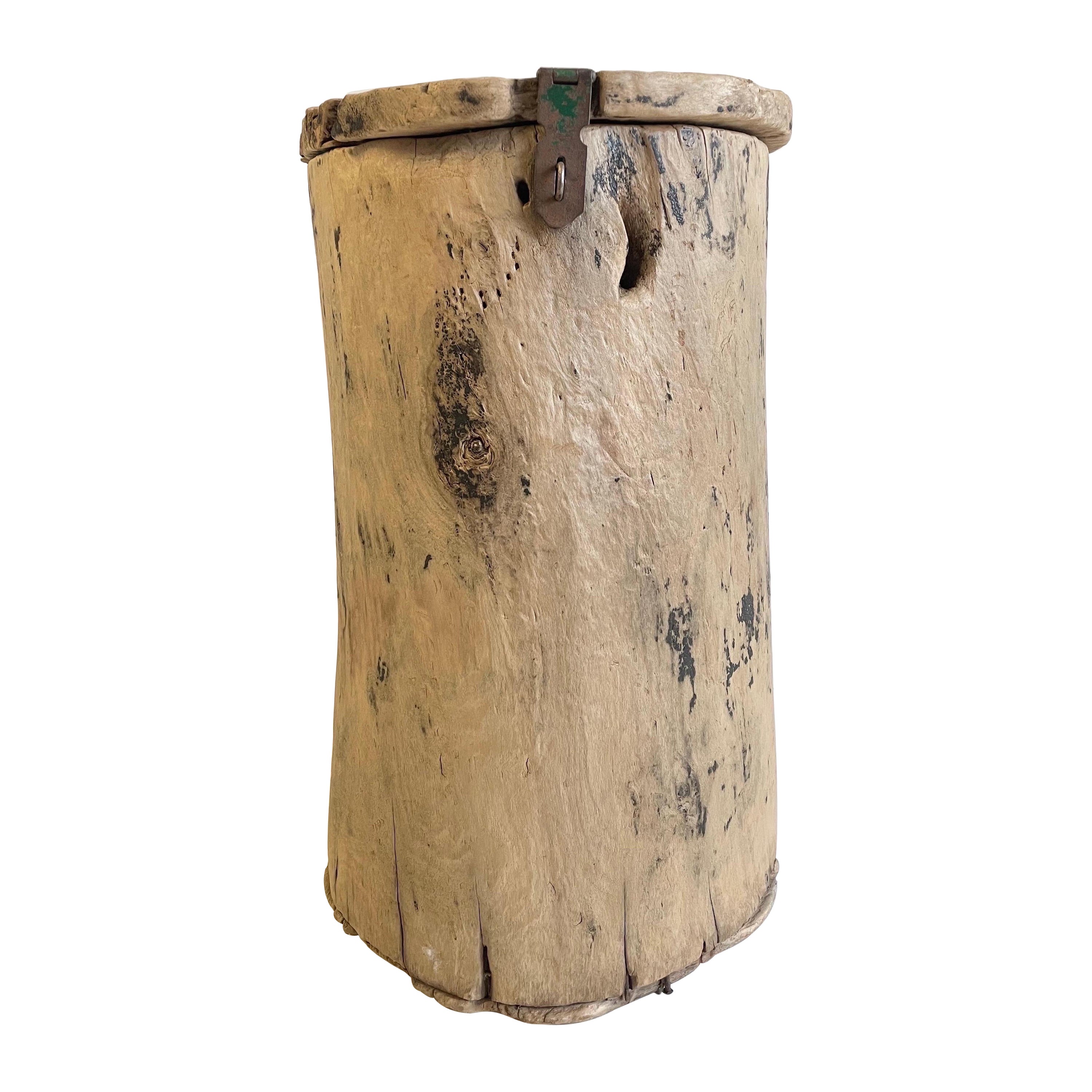 Cypress Wood Side Table Carved From a Stump Bucket with Lid