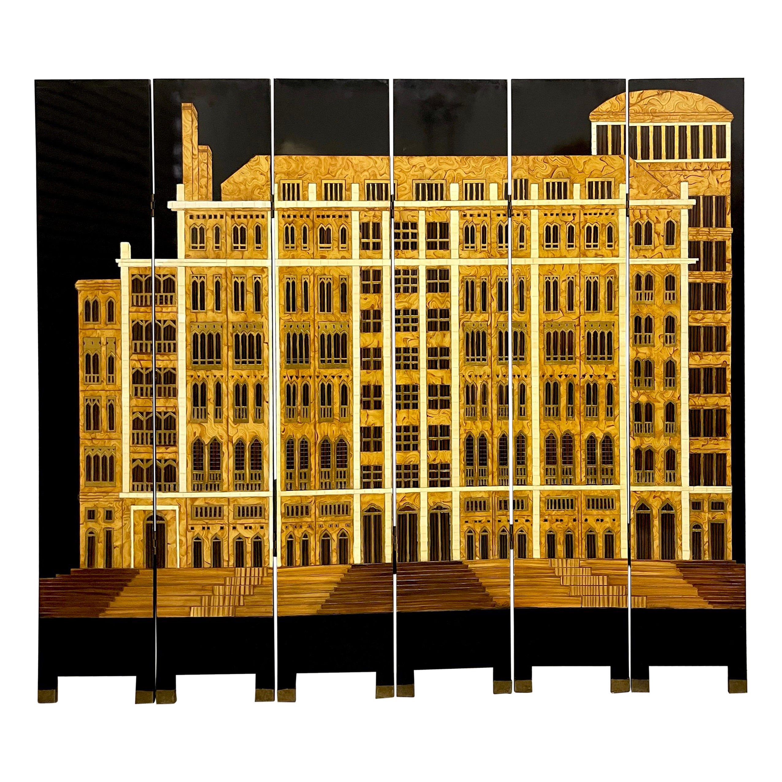 Italienischer polychromierter lackierter architektonischer Paravent/Raumteiler aus der Mitte des Jahrhunderts im Angebot