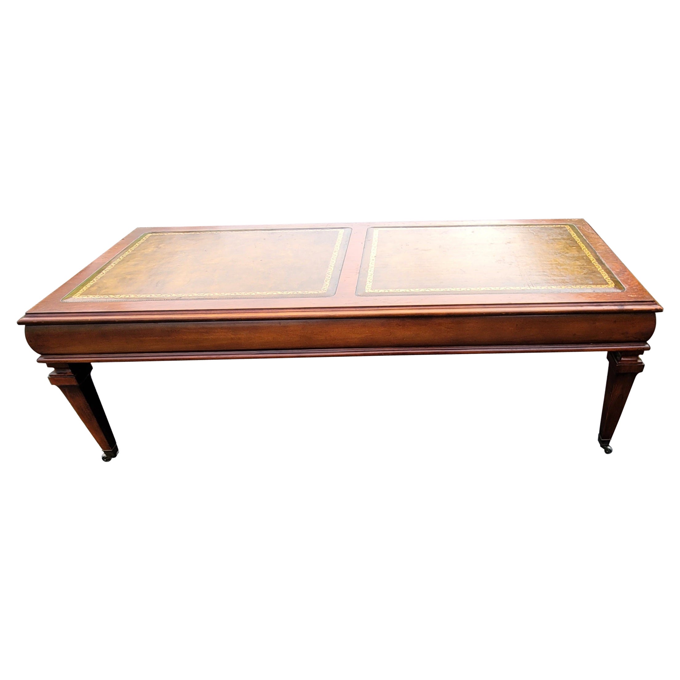 1961 Mahogany and Stenciled Tooled Leather Paneled Top Cocktail Table For Sale