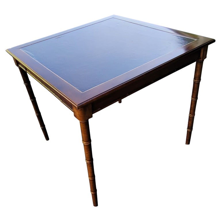 Vintage Hammary Faux Bamboo Mahogany Tooled Leather Top Top Card Table