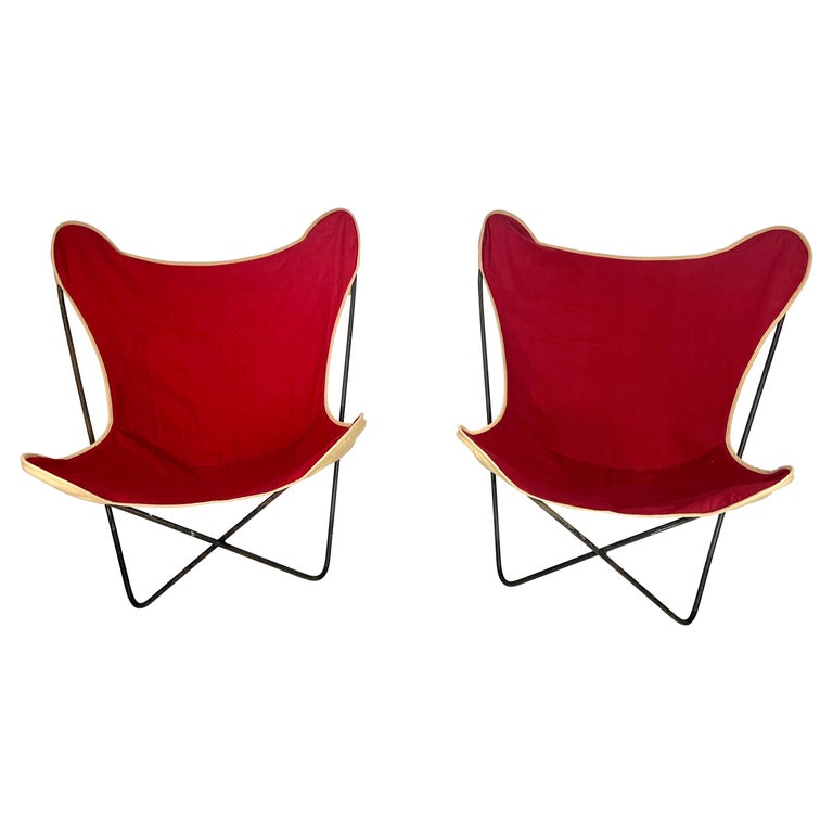 Mid Century Butterfly Chairs with Canvas Slings, a Pair For Sale at 1stDibs