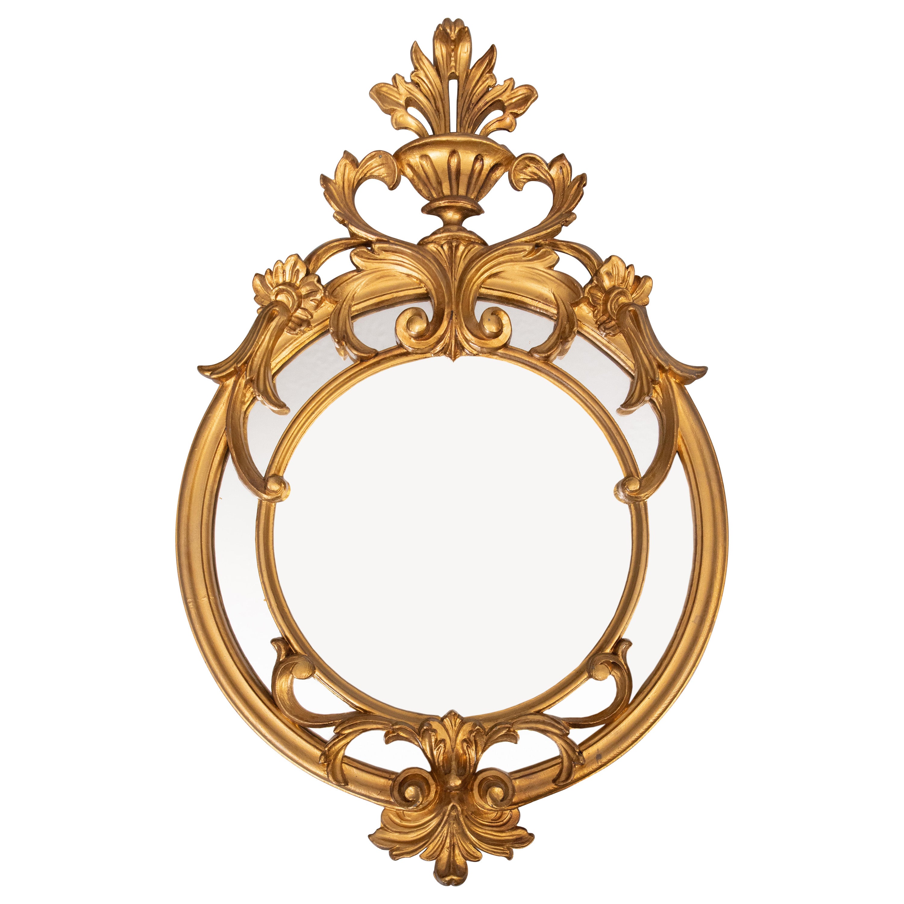 Vieux miroir italien en résine dorée de style néoclassique avec cimier