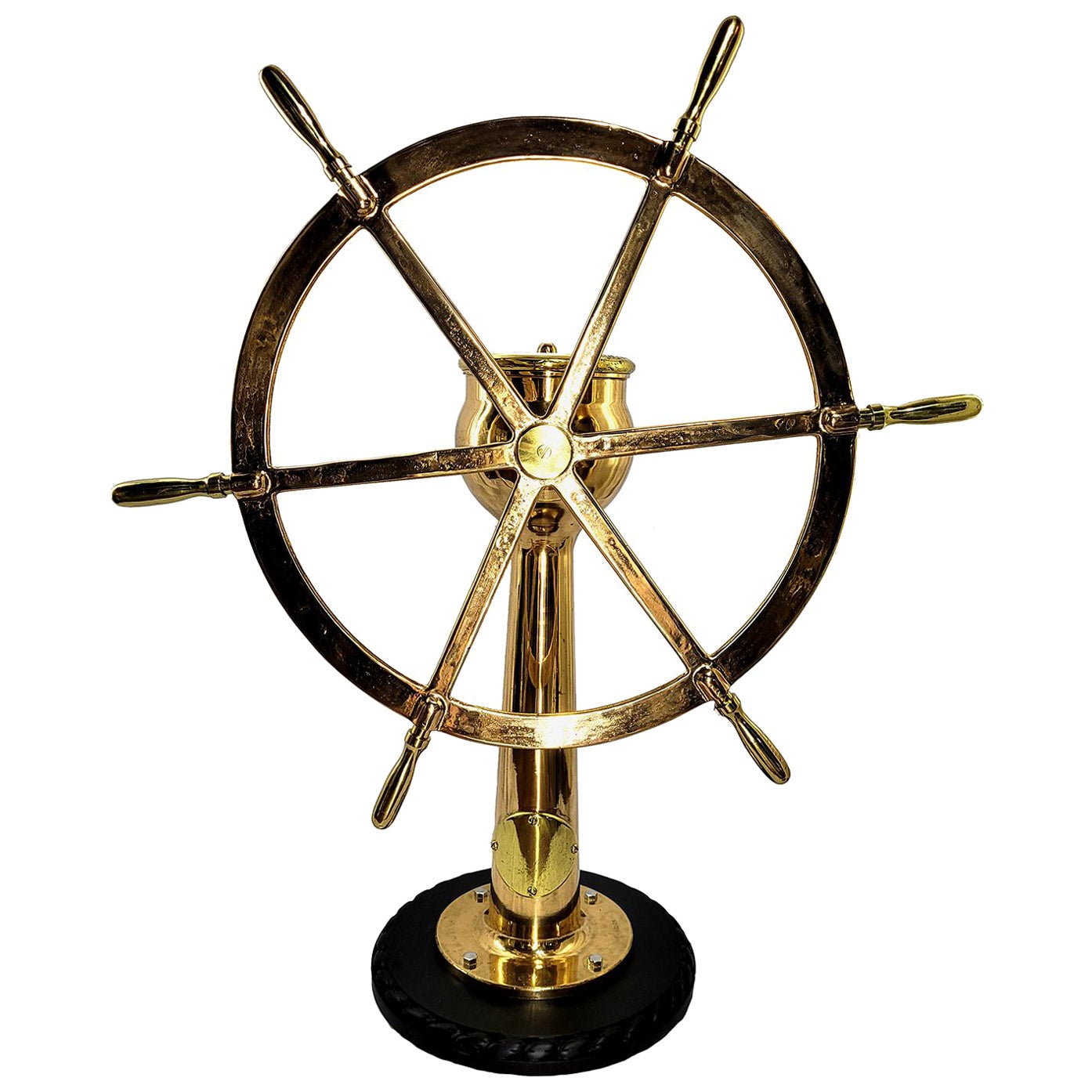 Six Spoke Solid Brass Ships Wheel on Stand For Sale