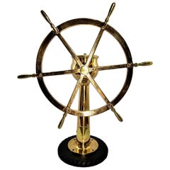 Used Six Spoke Solid Brass Ships Wheel on Stand
