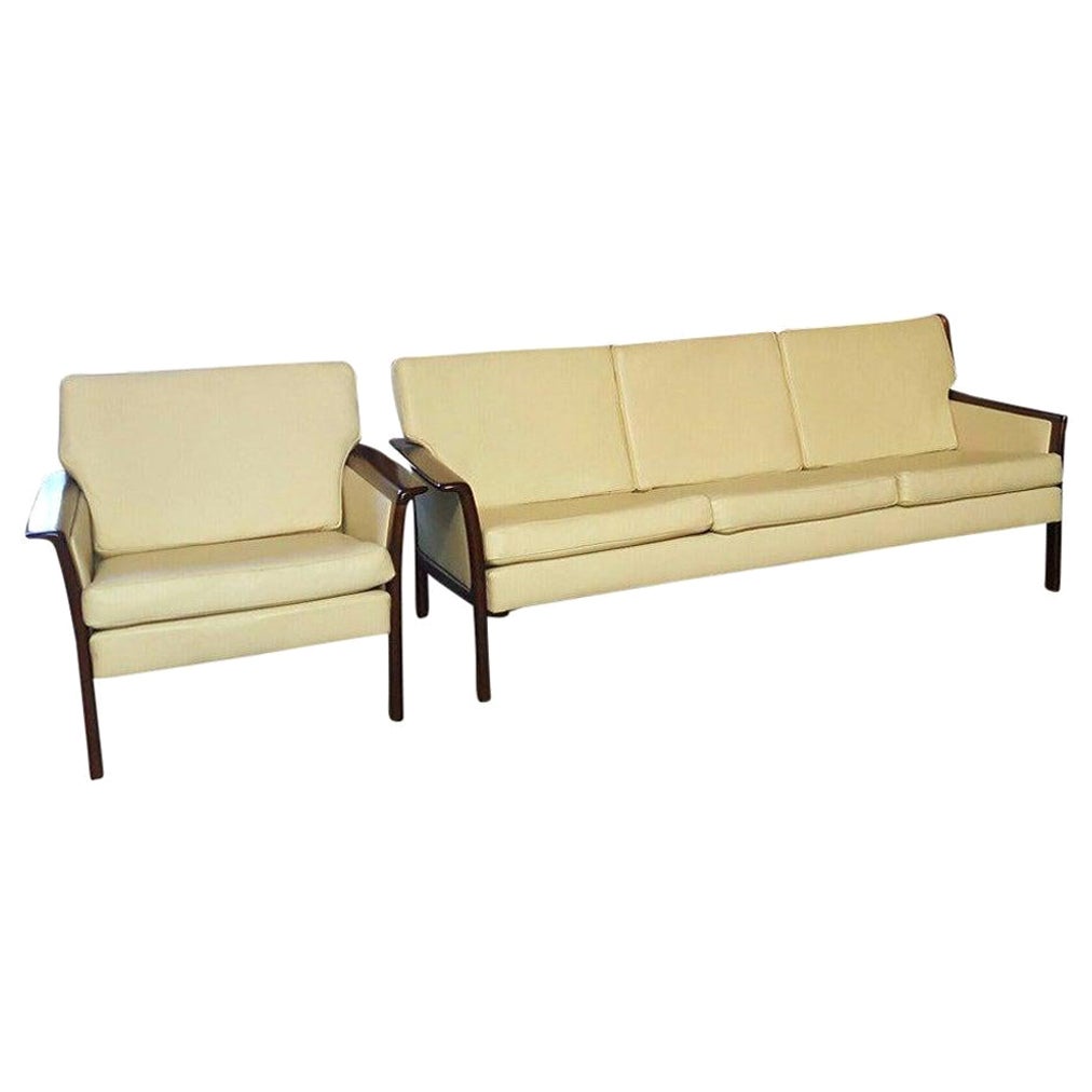 Hans Olsen 1960s Danish White Leather & Rosewood Sofa & Chair Made in Denmark For Sale