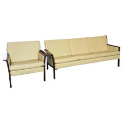 Retro Hans Olsen 1960s Danish White Leather & Rosewood Sofa & Chair Made in Denmark