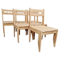 Series of Six Vintage Chairs in Solid Wood by Guillerme and Chambron