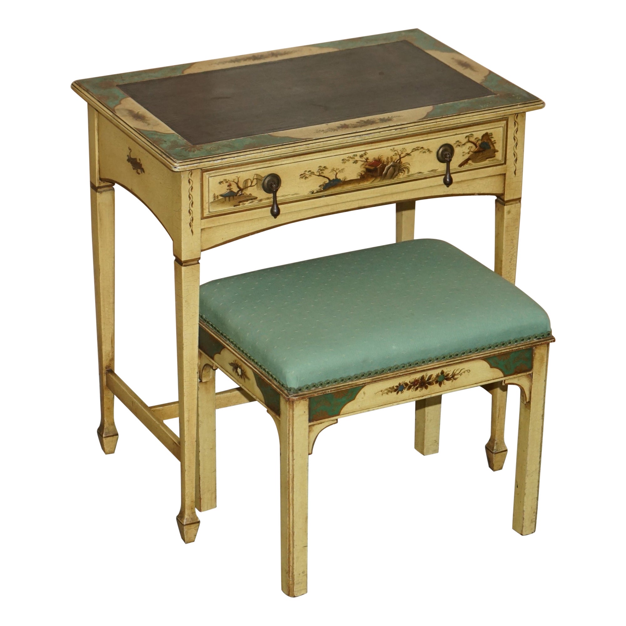 Lovely Vintage Chinese Chinoiserie Writing Table with Original Stool Leather Top For Sale