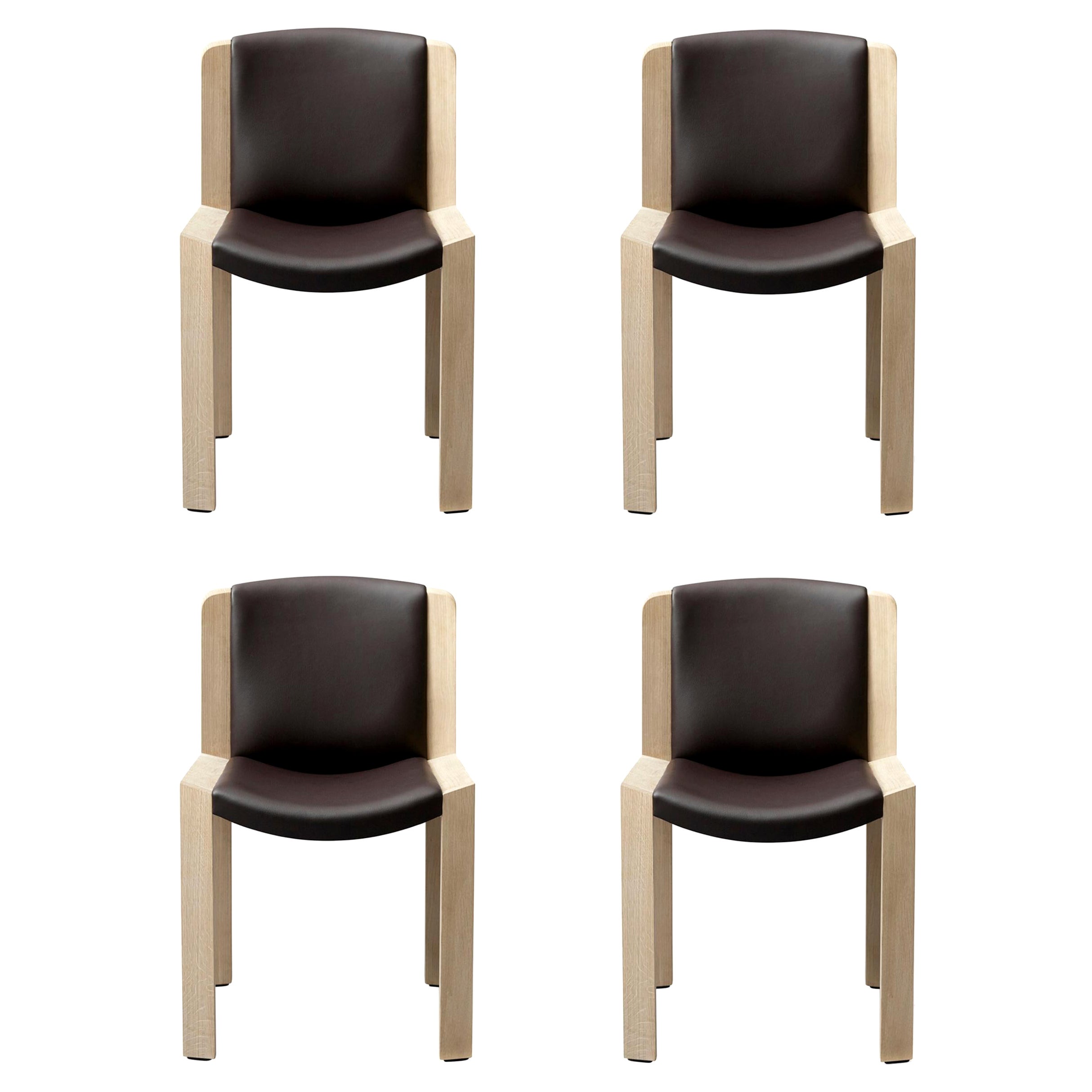 Set of Four Joe Colombo 'Chair 300' Wood and Sørensen Leather by Karakter