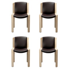 Set of Four Joe Colombo 'Chair 300' Wood and Sørensen Leather by Karakter