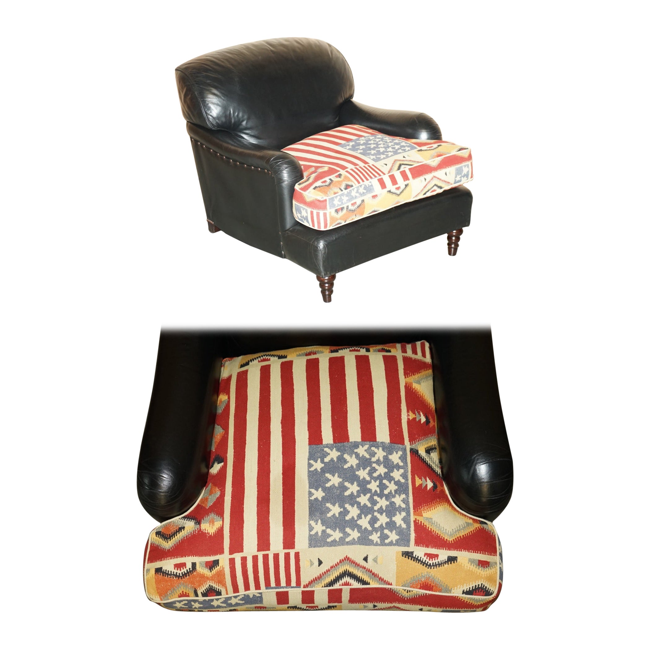 George Smith Howard & Son's Style Kilim & Black Leather American Flag Armchair For Sale