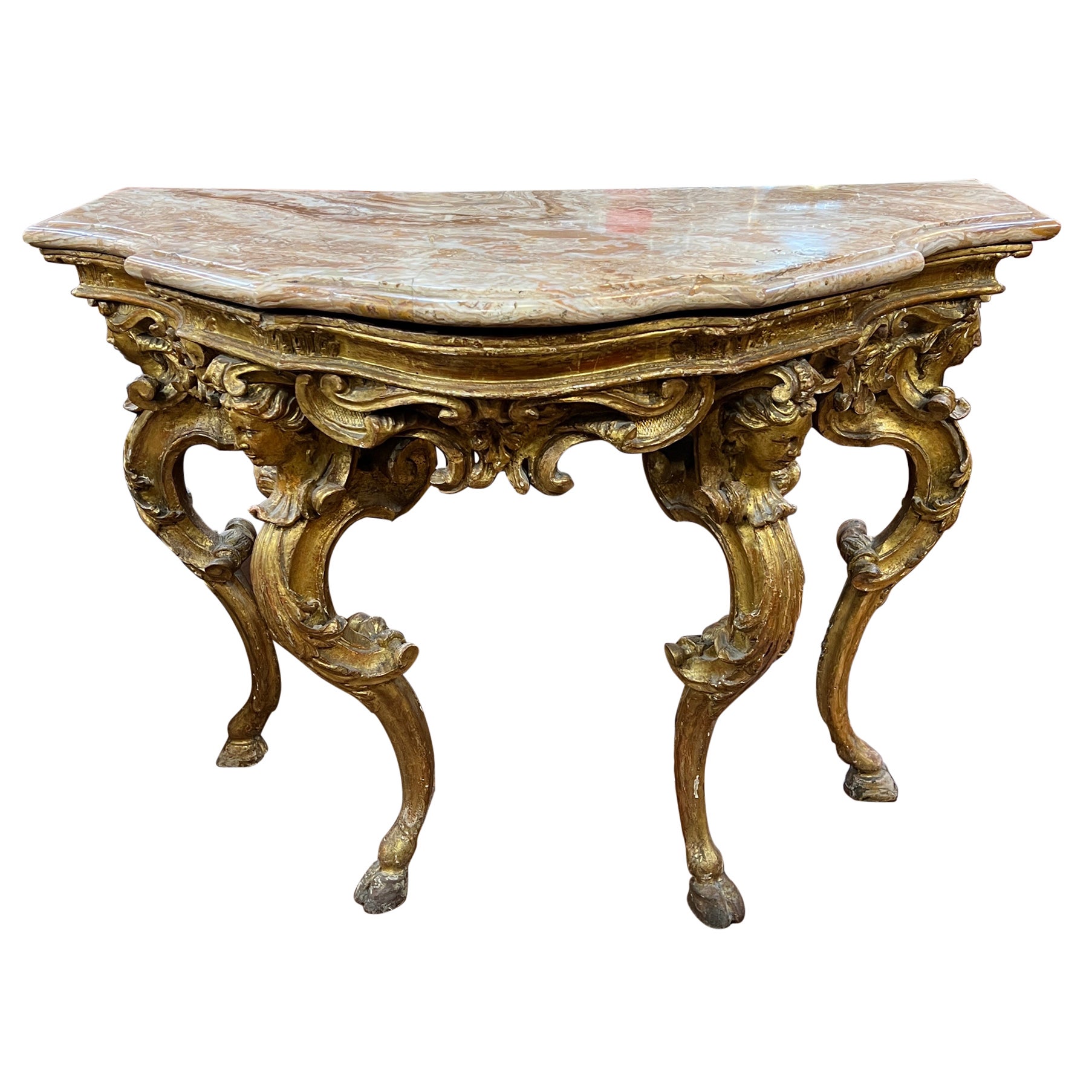 18th Century Italian Louis XV Gilt Hand-Carved Console Tables Marble, Tuscany