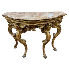 Antique 18th Century Italian Louis XV Gilt Hand-Carved Console Tables Marble, Tuscany