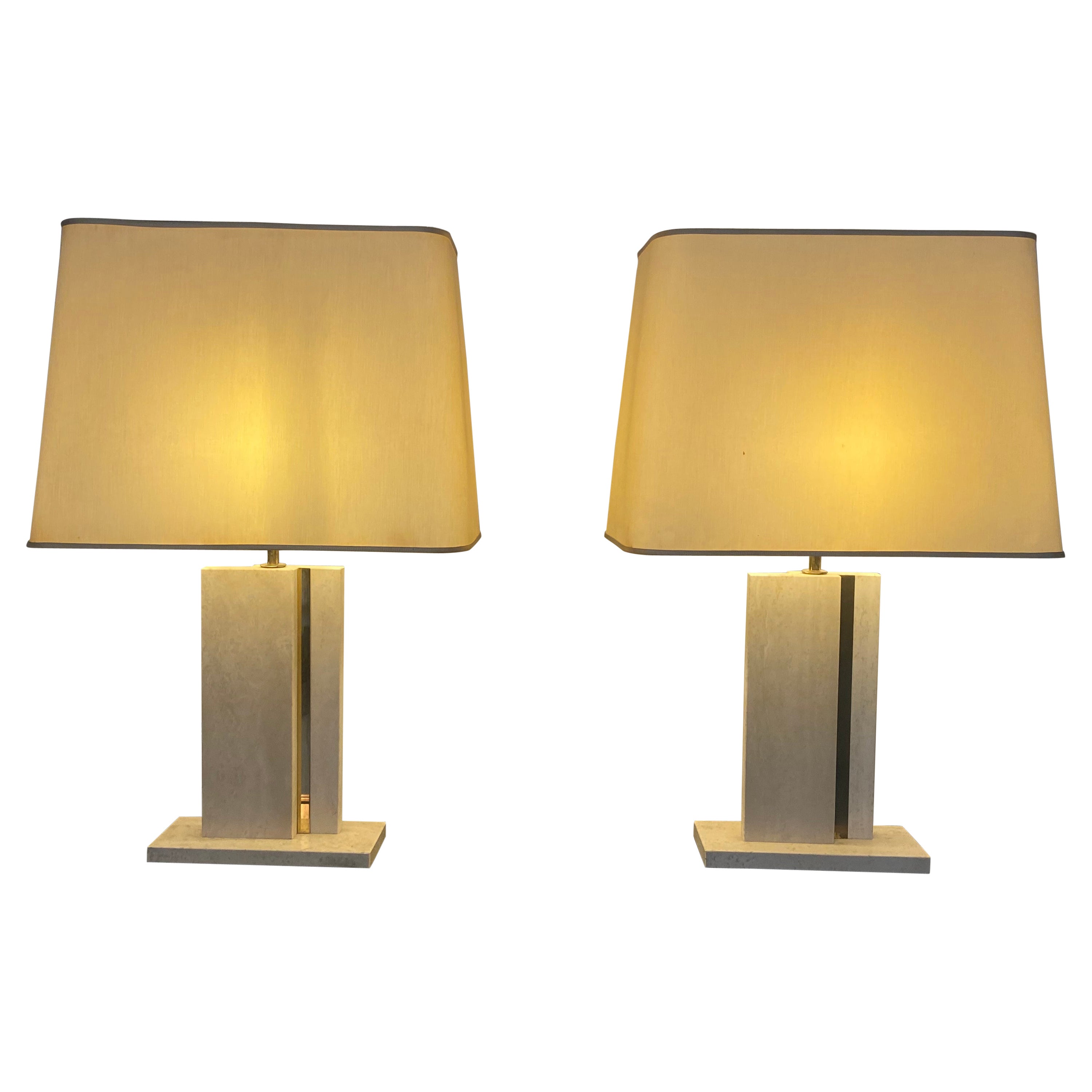  Pair of travertine and brass lamps For Sale