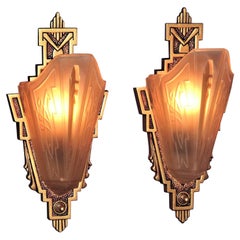 Retro Pair c1930 Sconces with Consolidated Glass Slip Shades