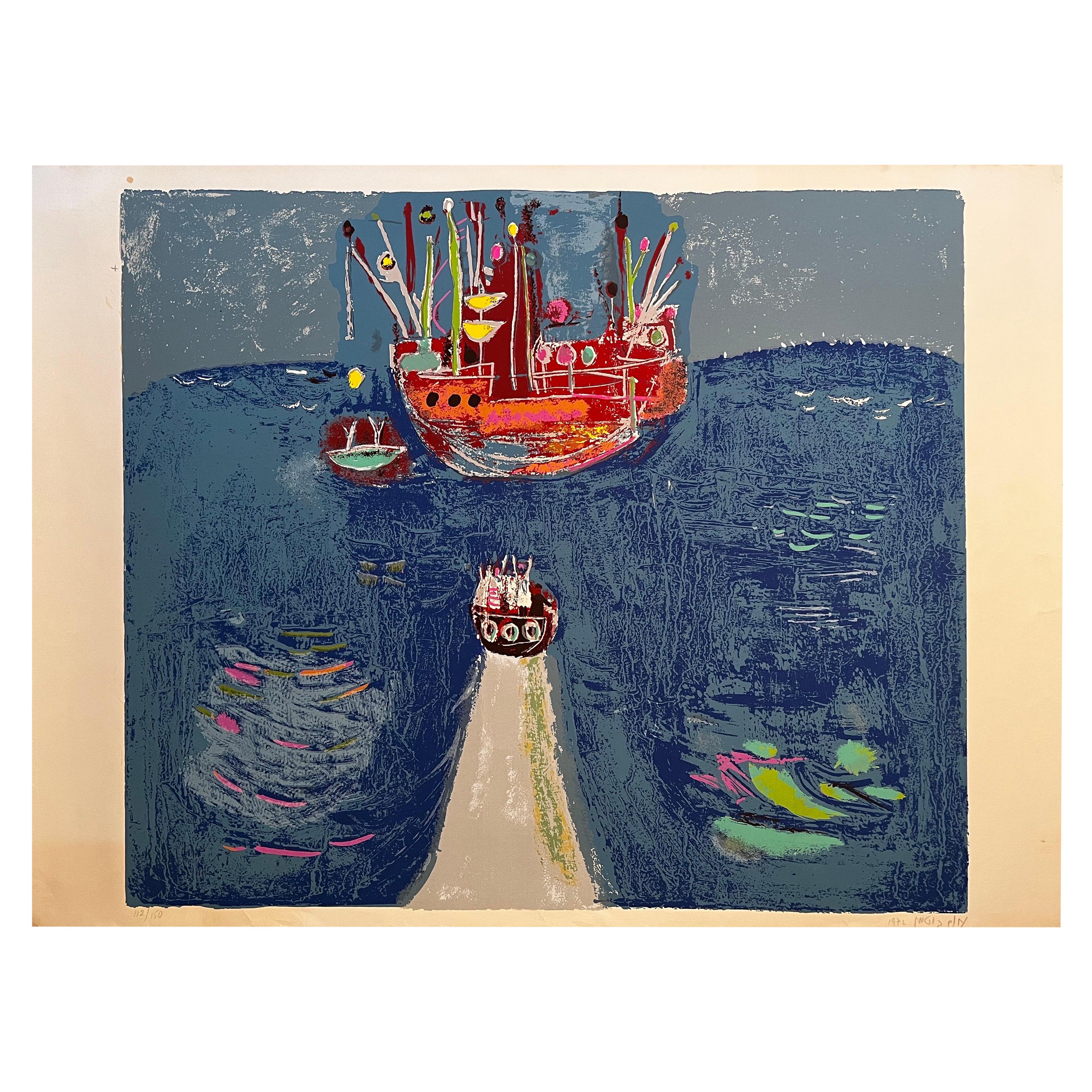 Image abstraite de bateaux - Lithographie - signée en vente