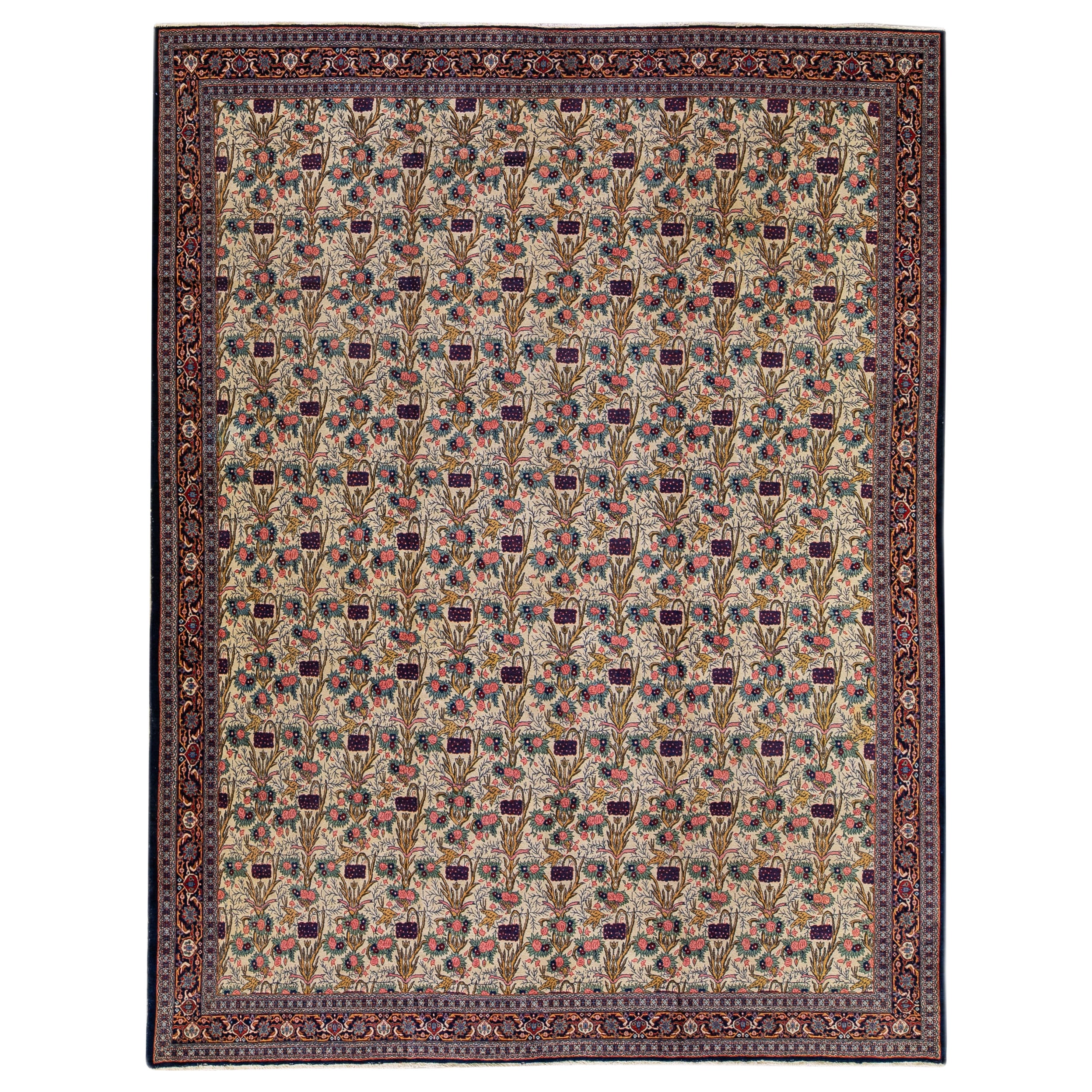 Antiker Persischer Teheran Handgefertigter Multicolor Blumenmuster Beige Teppich