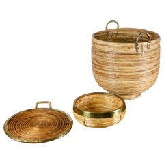 Vintage Set of Decorative Rattan and Brass Baskets and Trivet