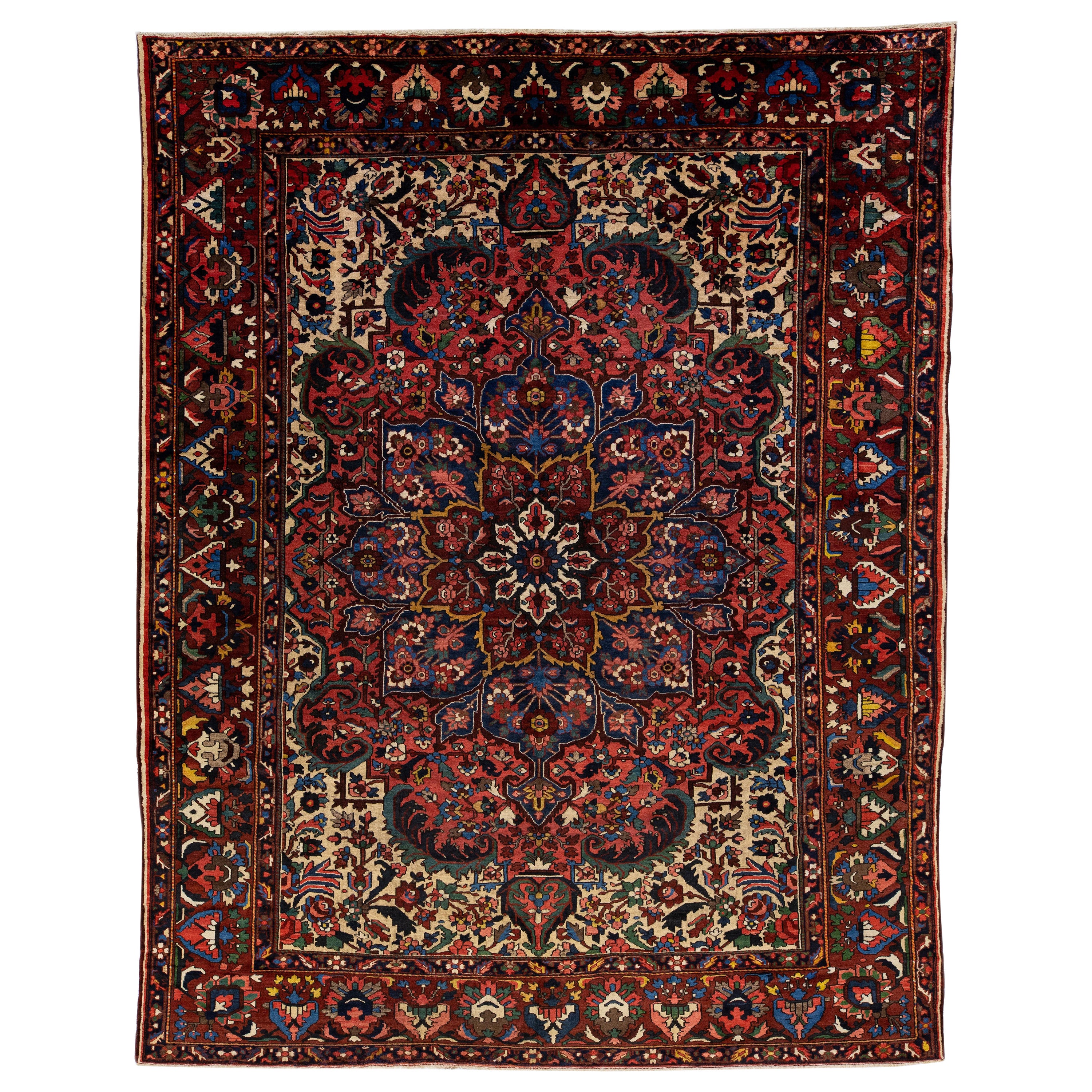Antique Persian Bakhtiari Red Handmade Wool Rug with Multicolor Rosette Design For Sale