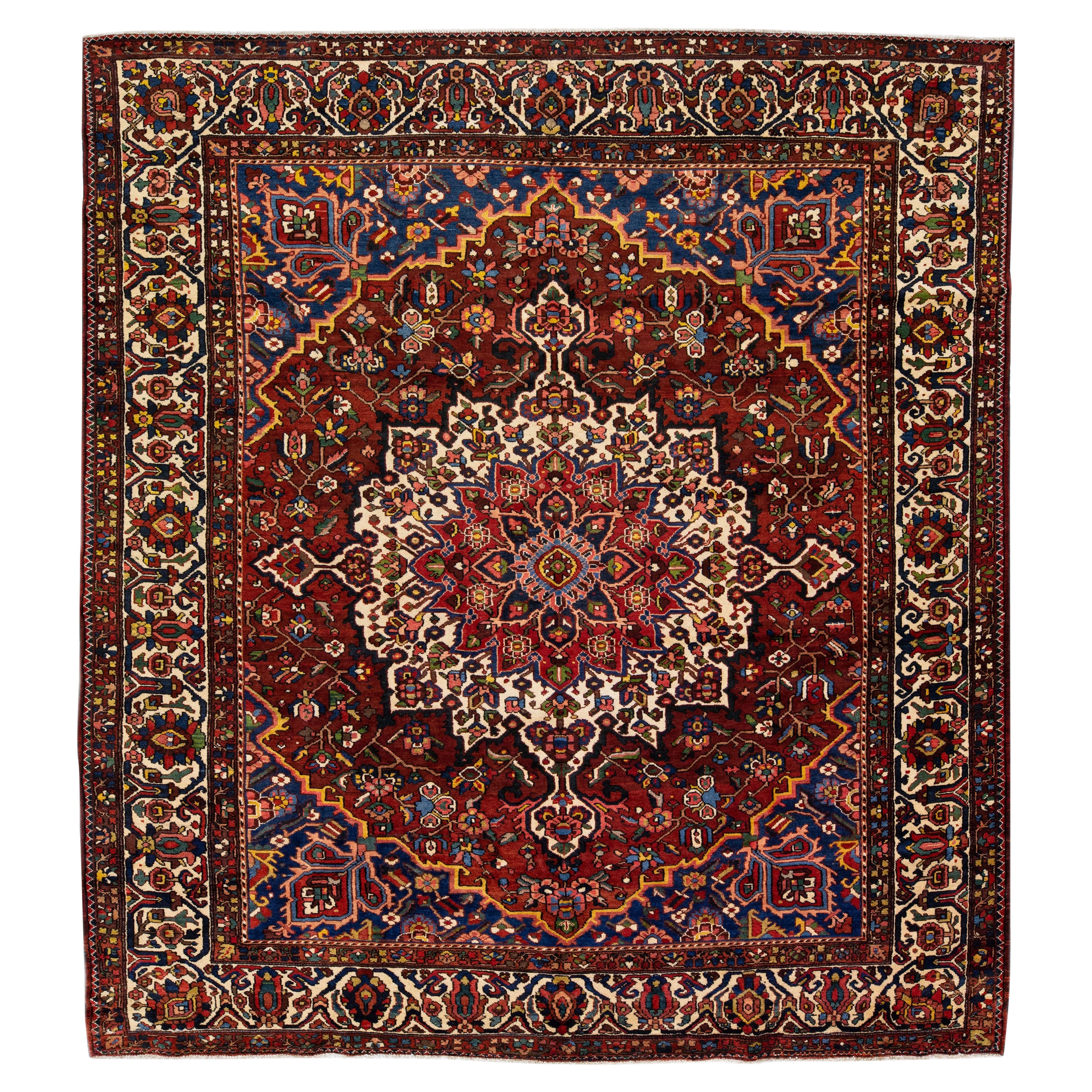 Antique Designed Persian Bakhtiari Wool Rug with Multicolor Motif For Sale