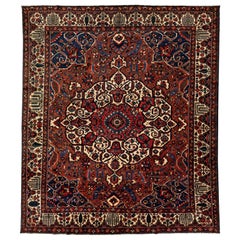 Handmade Rosette Antique Persian Bakhtiari Wool Rug With Red Color Field