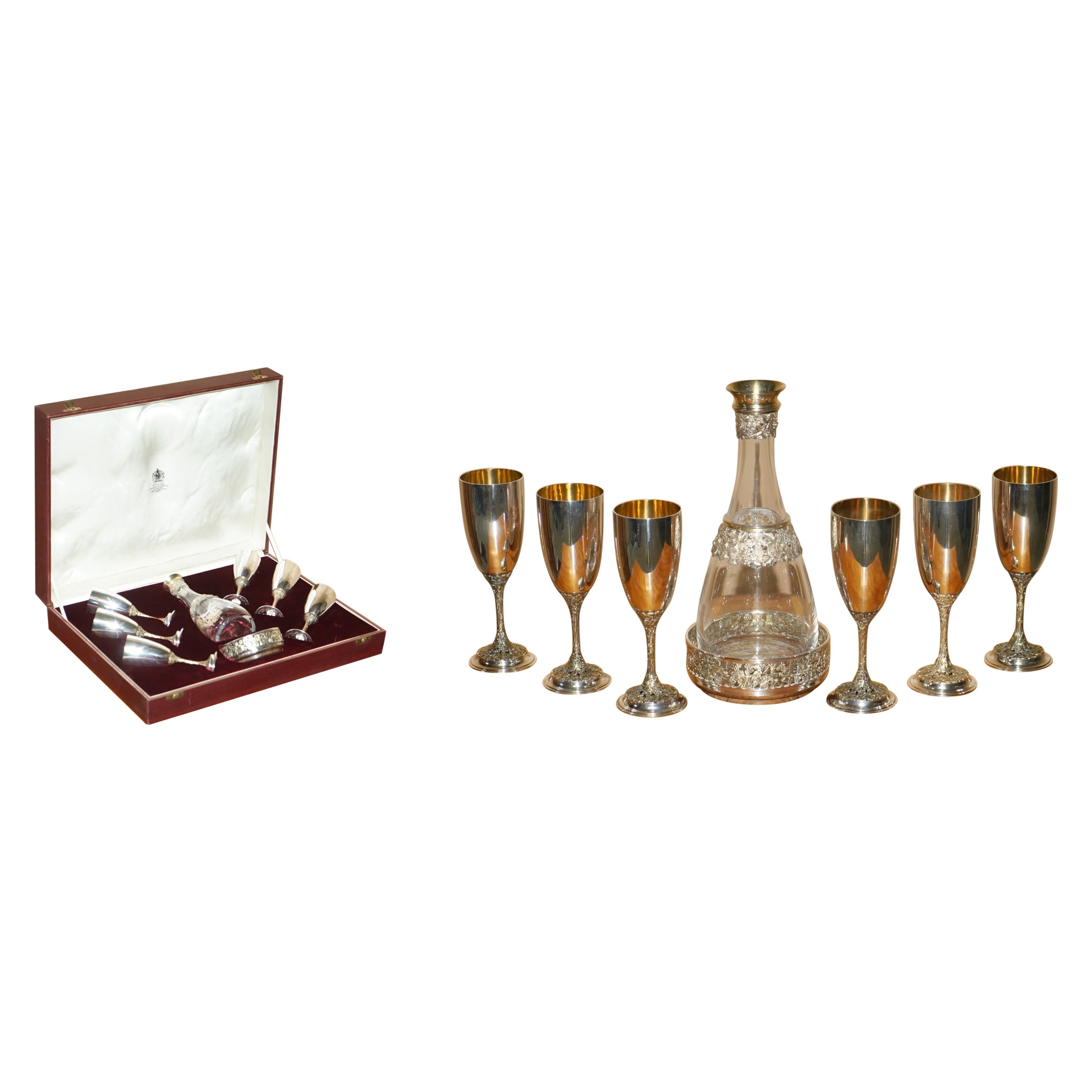 Queen Elizabeth II. Suite aus Asprey-Getränke-Dekanter, Bar & Goblets, aus Sterlingsilber im Angebot