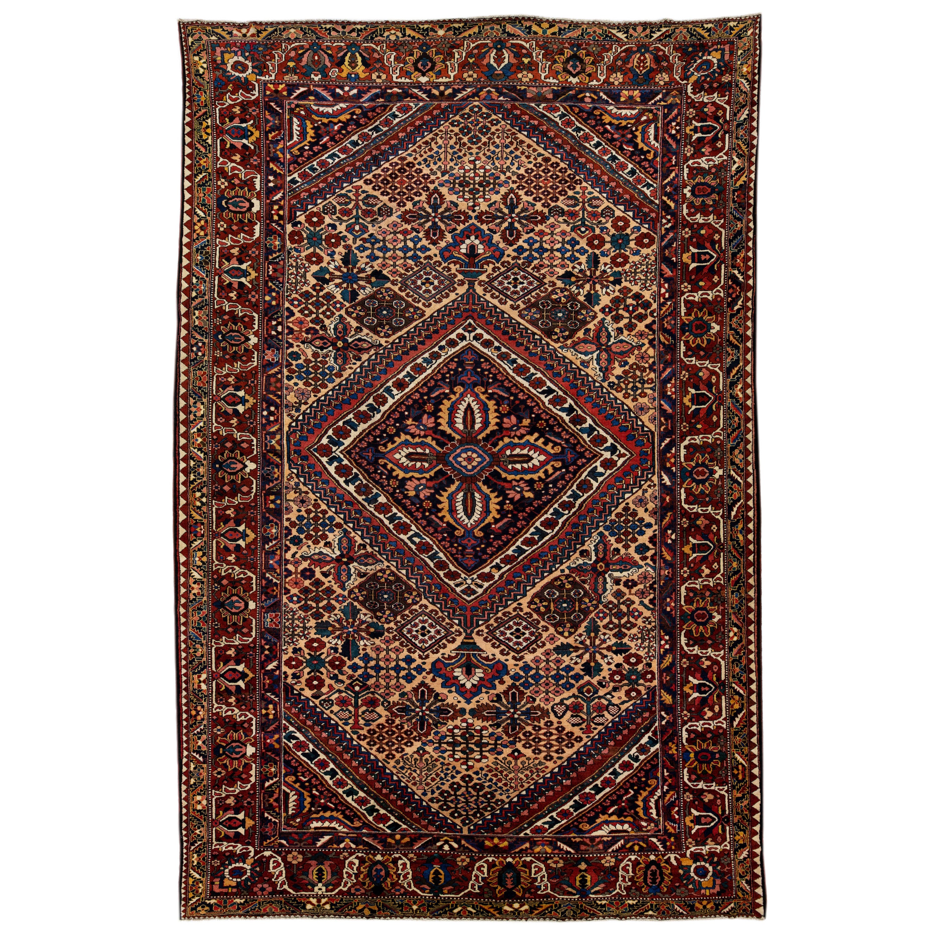 Tan Handmade Persian Bakhtiari Wool Rug With Medallion Design For Sale