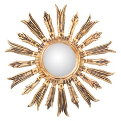 Antique Early 20th Century French Giltwood & Gesso Sunburst Starburst Mirror