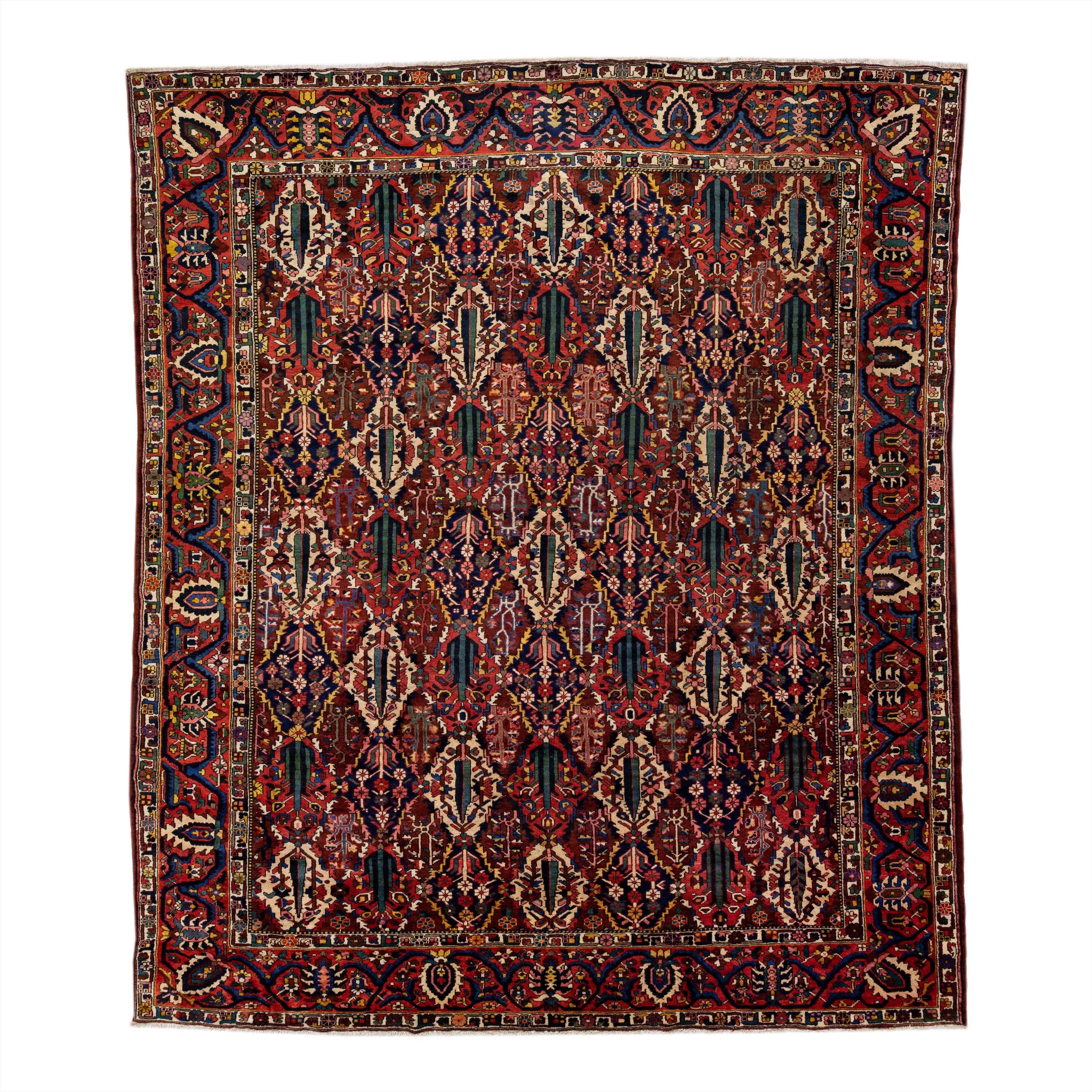 Allover Handmade Antique Persian Bakhtiari Red Wool Rug  For Sale