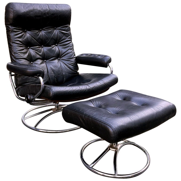 Vintage Ekornes Stressless Black Leather Recliner Chair W/ Original