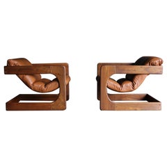 Fauteuils de salon en noyer et cuir de Lou Hodges pour California Design Group, années 1970 