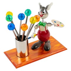 French Mid-Century Colorful Bunny Painter Cocktail Picks, 1960s