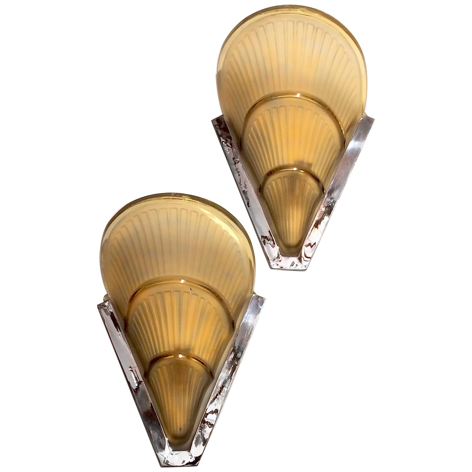 Pair of Nickel Plated Art Deco Sconces For Sale