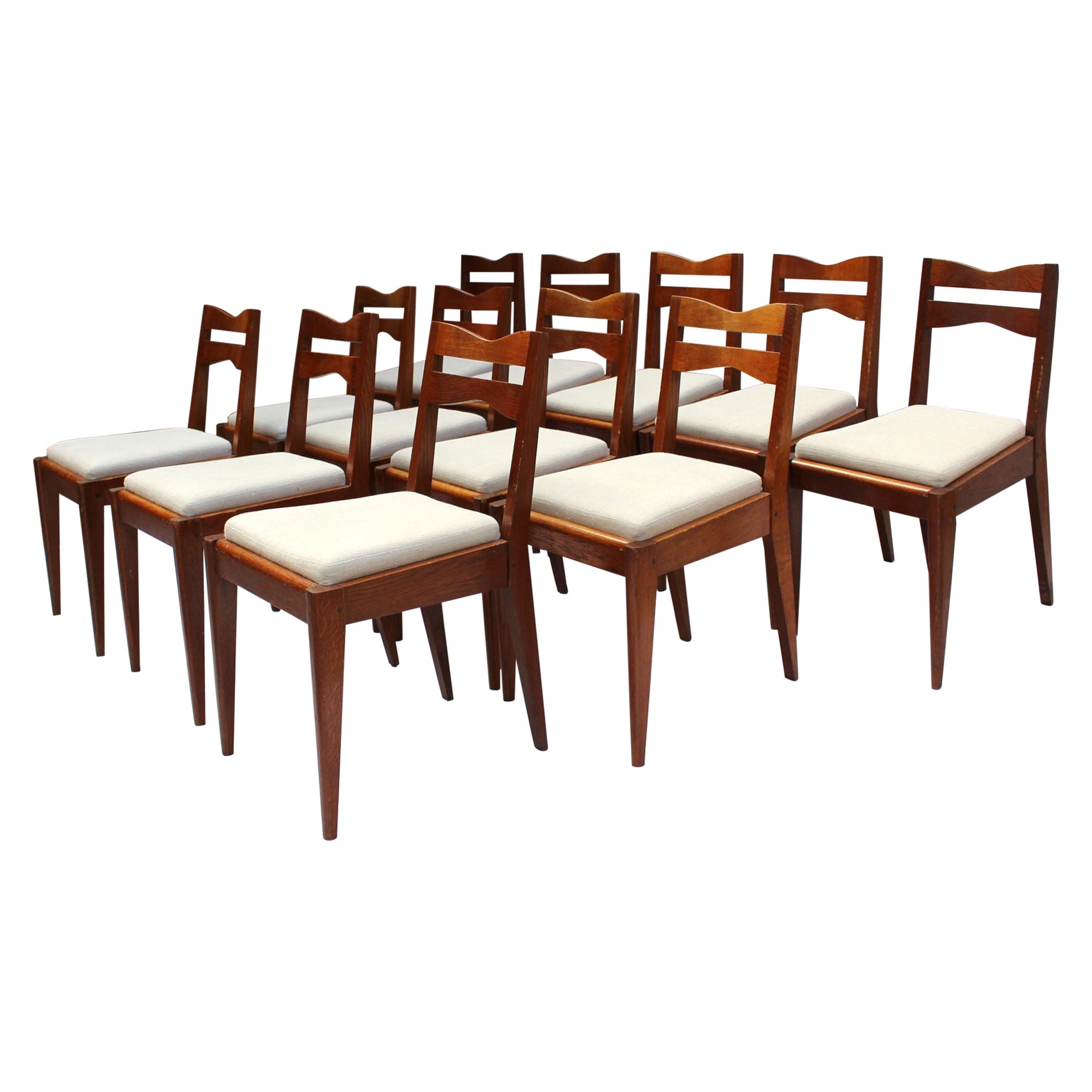 Set of 12 Fine French Art Deco Oak Dining Chairs by Dudouyt For Sale