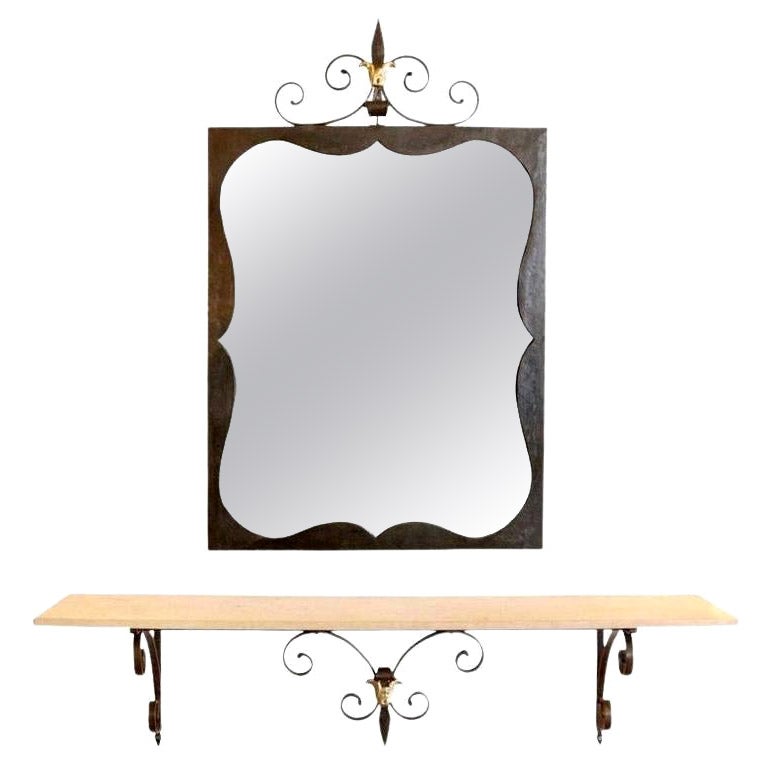 1970 Set Console Et Miroir en fer forgé noir et laiton doré Maison Honoré en vente