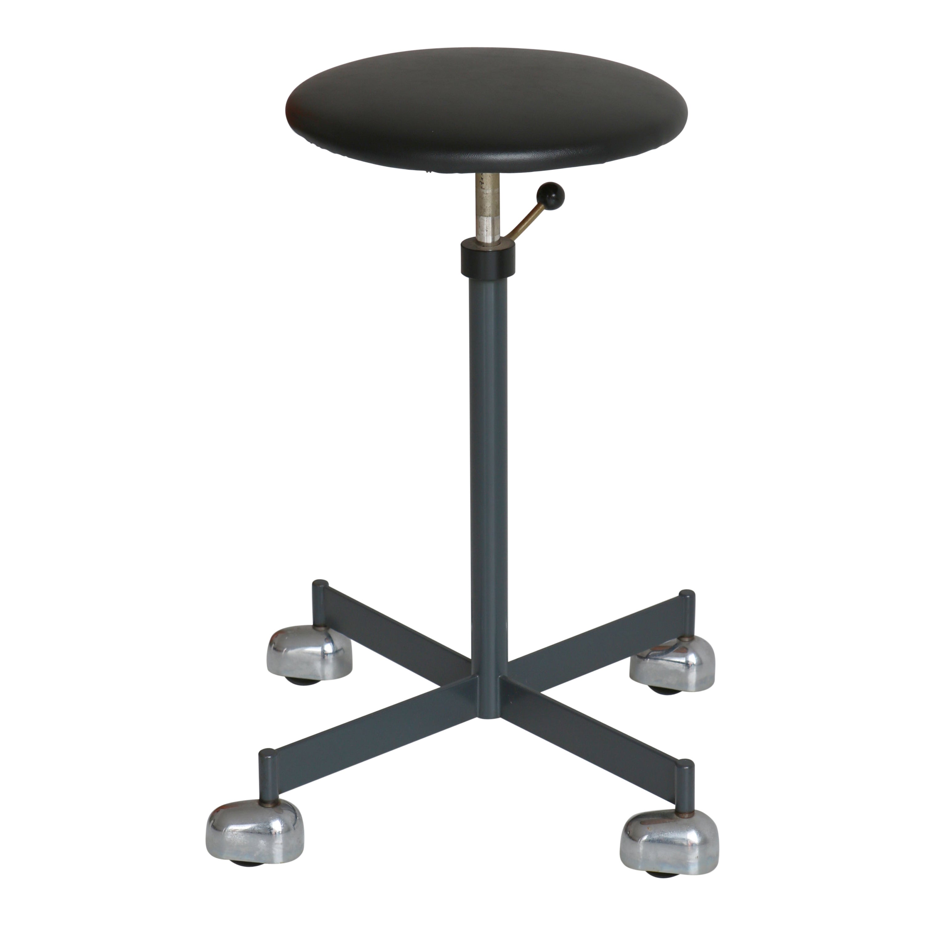 Scandinavian Modern Swivel Working Stool in Steel & Leather by KEVI, Denmark