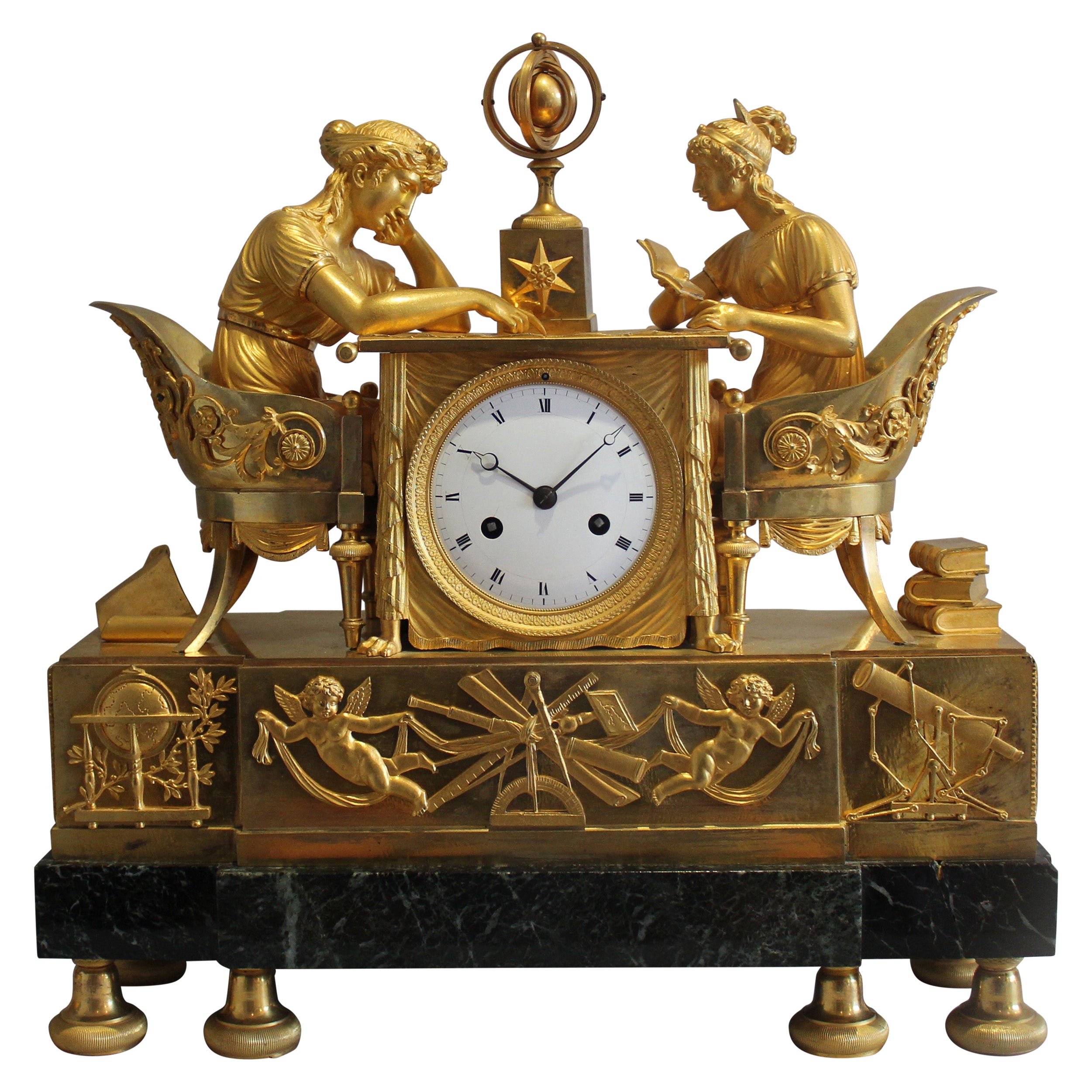 Französische Empire-Uhr aus Goldbronze und Marmor von Jean Reiche, „The Astronomy Lesson“