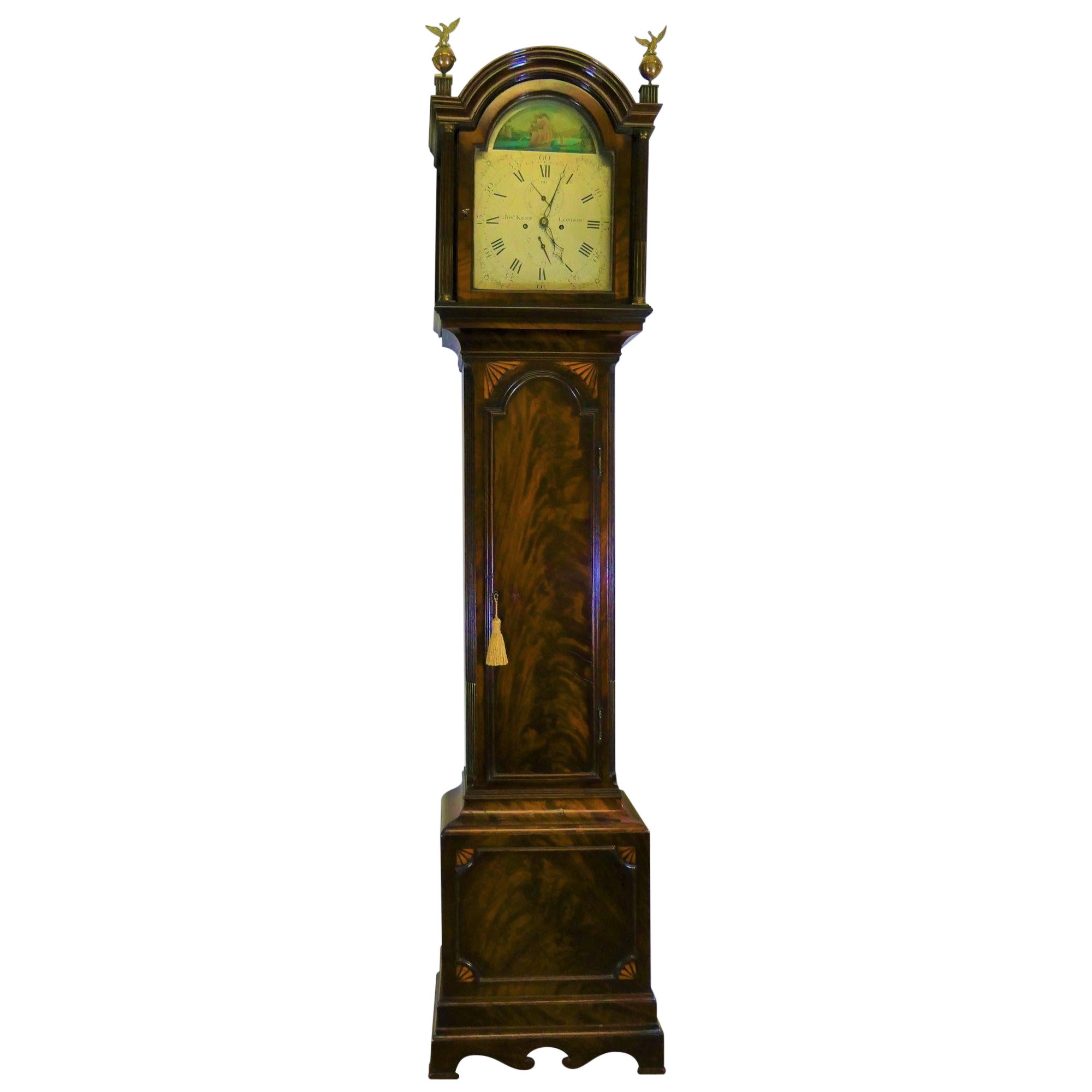 Georgian Mahogany Longcase Clock with Rocking Ship Automation, Jos. Kent, London For Sale