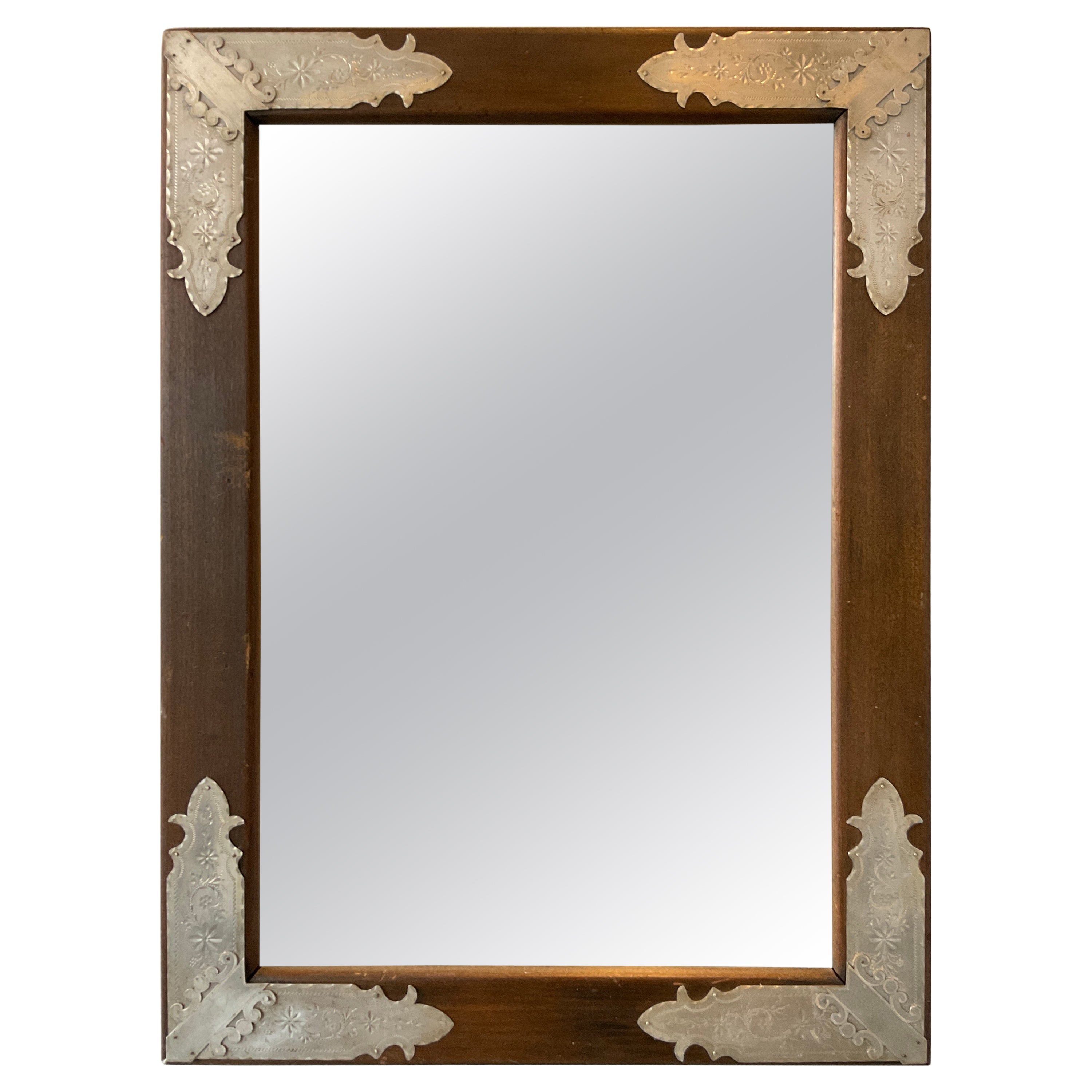 1920s Wood Mirror with Tin Metal Corners For Sale