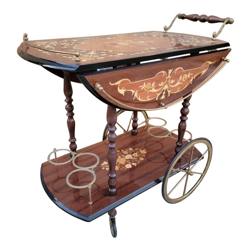 Vintage Italian Marquetry Two Tier Drop-Leaf Dessert/Bar Cart Trolley For Sale