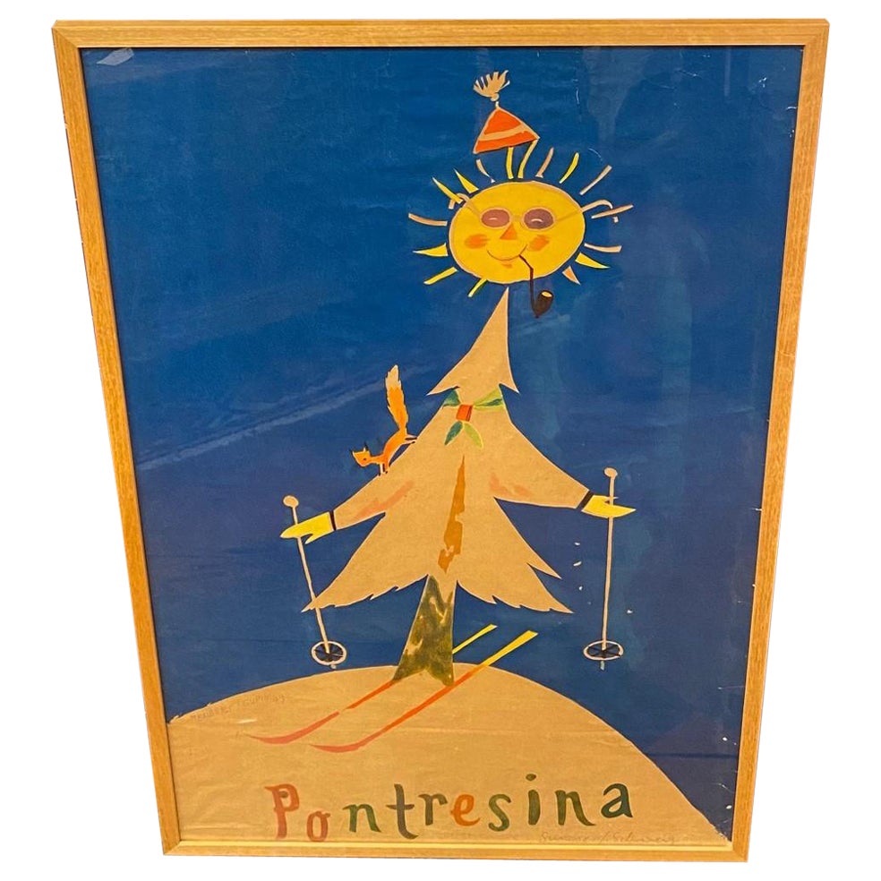 Original Watercolor Ski Poster "Pontresina" by Herbert Leupin, circa 1949 For Sale