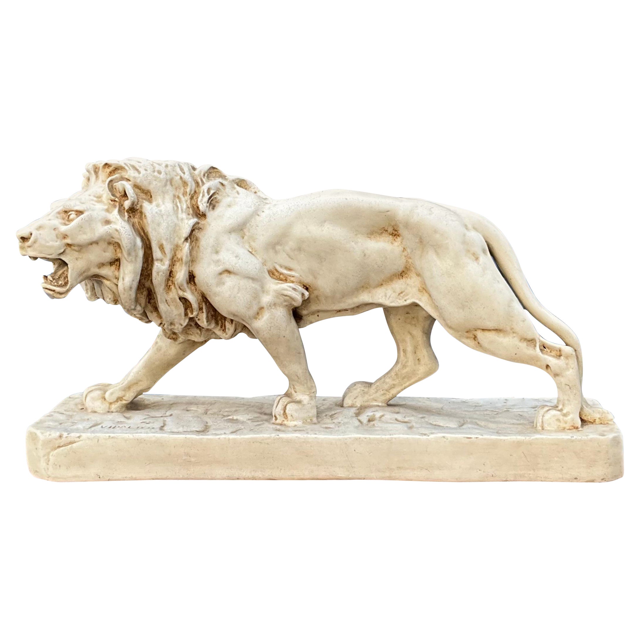 French Mid-Century Ceramic Striding Lion Statue After Louis Vidal