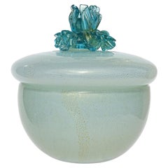 Vintage Seguso Murano Blue Gold Flecks Italian Art Glass Vanity Powder Box