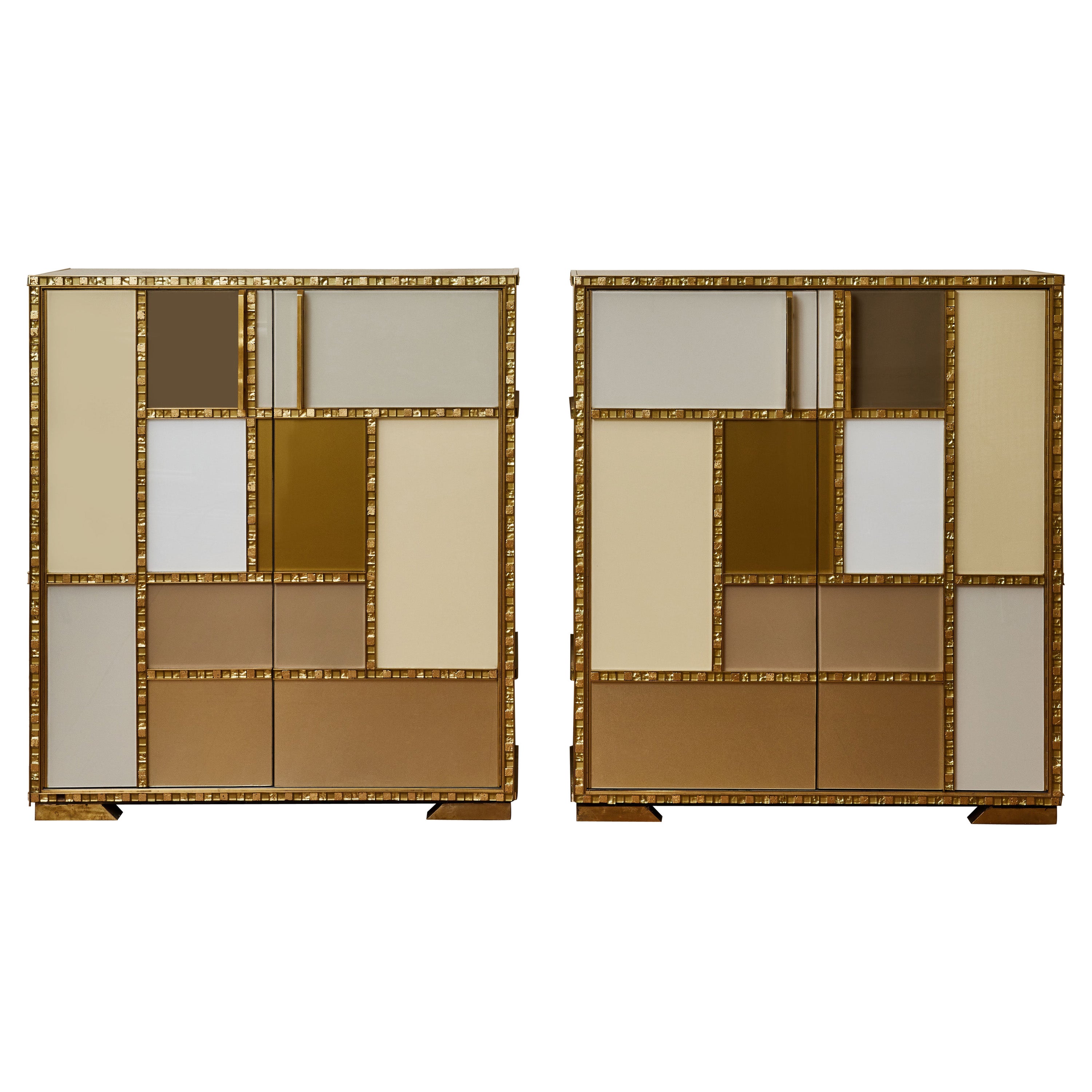 Pair of "Mondrian Tribute" in Tainted Glass by Studio Glustin