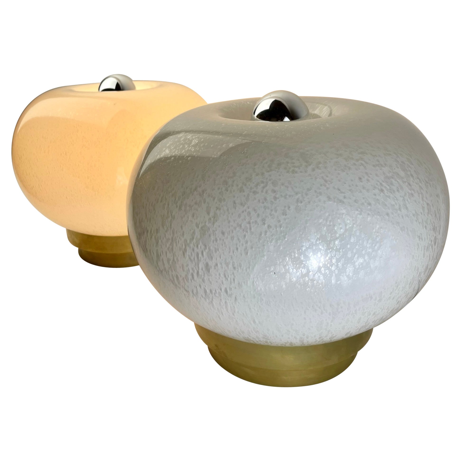 Late 20th Century Pair of Round White Murano Art Glass & Brass Table Lamps For Sale