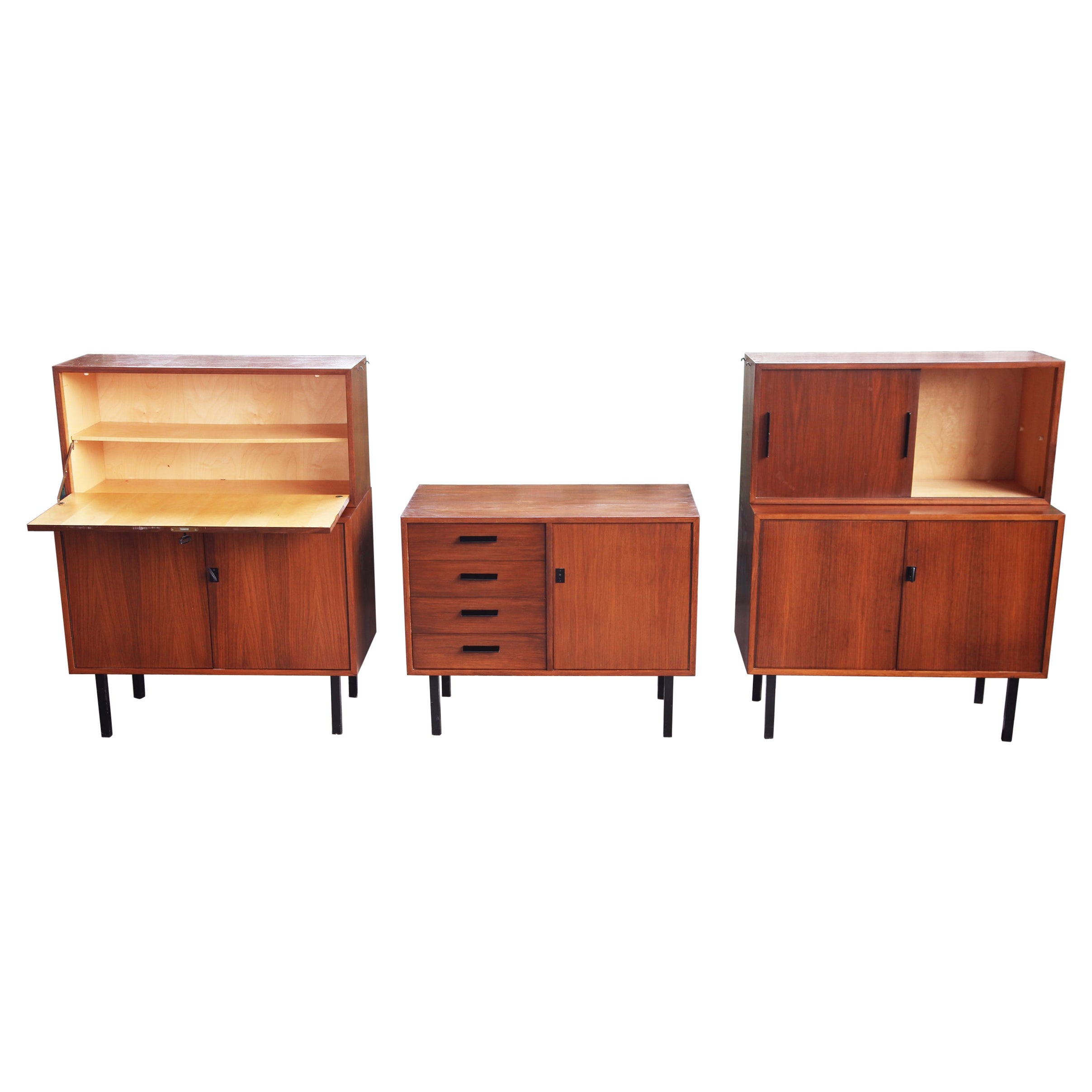 1960s Modular MCM Walnut Wall Unit with Drop Down Desk Bookshelves- 5 Pieces