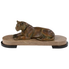 Art Deco Animal Sculpture of a Lioness Made of Spelter and Marble