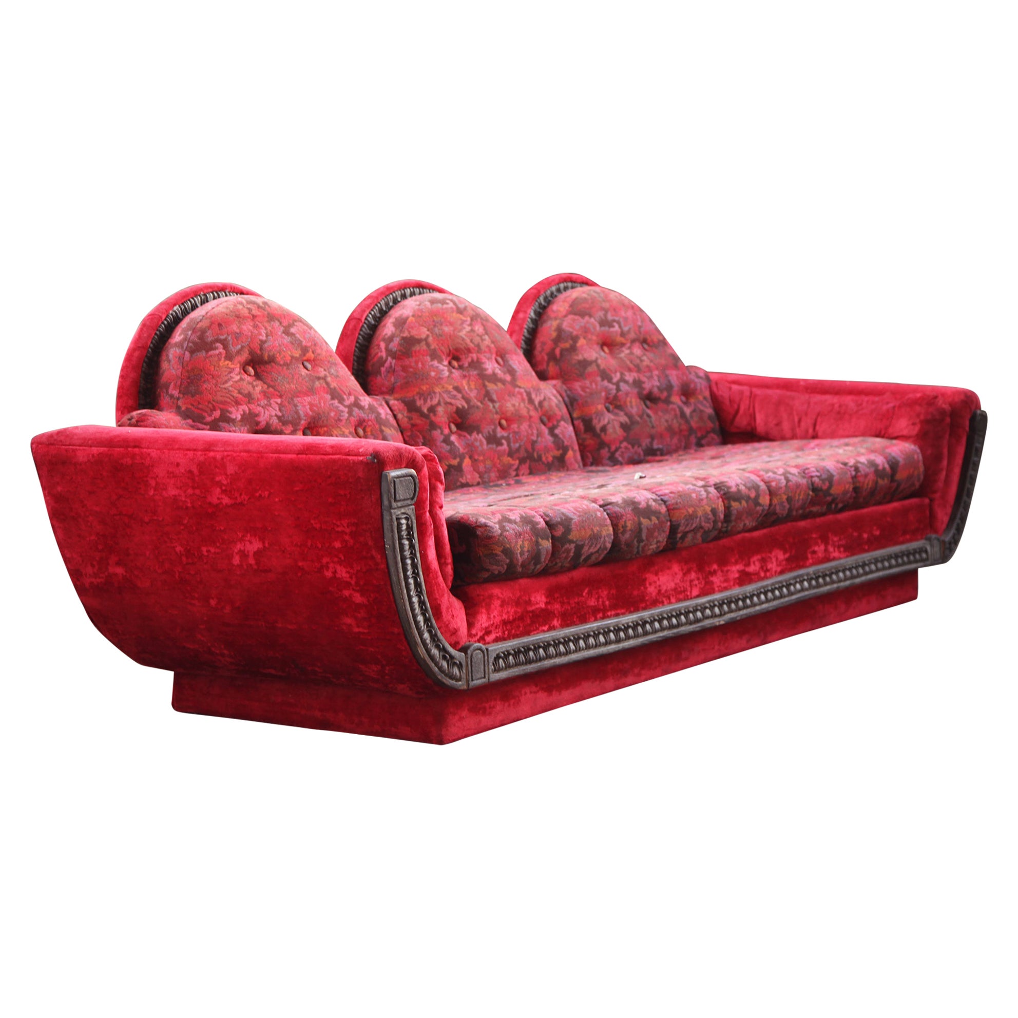 1970 Mid Century Modern Red Velvet Three Seater Plinth Base Sofa