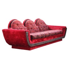 1970s Mid Century Modern Red Velvet Three Seater Plinth Base Sofa