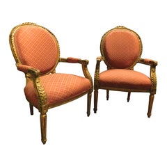 Set of Two Upholstered, Carved and Gilded Armchairs, Rome, Late 19th Century